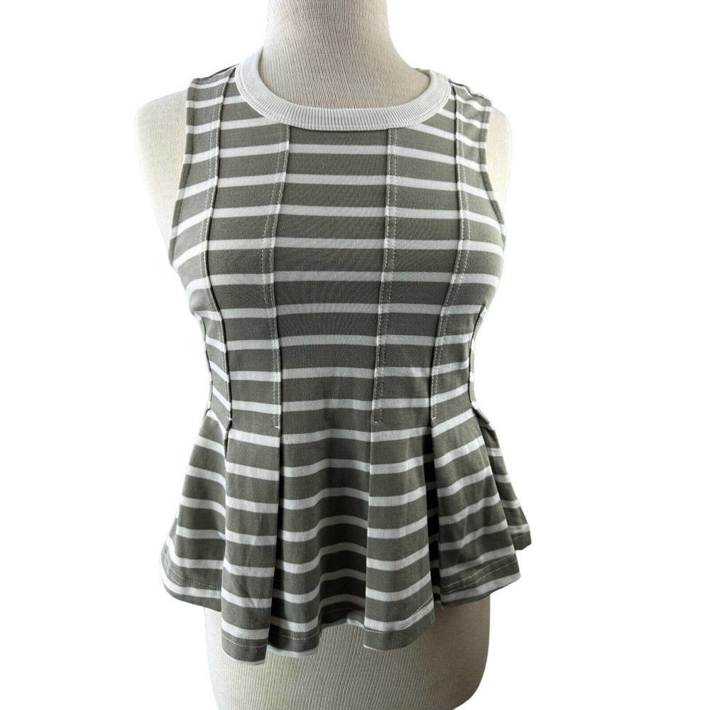 NWT Anthro Postmark Striped Pleated Peplum Top XS Clean Girl Preppy Chic Brunch - Picture 2 of 11
